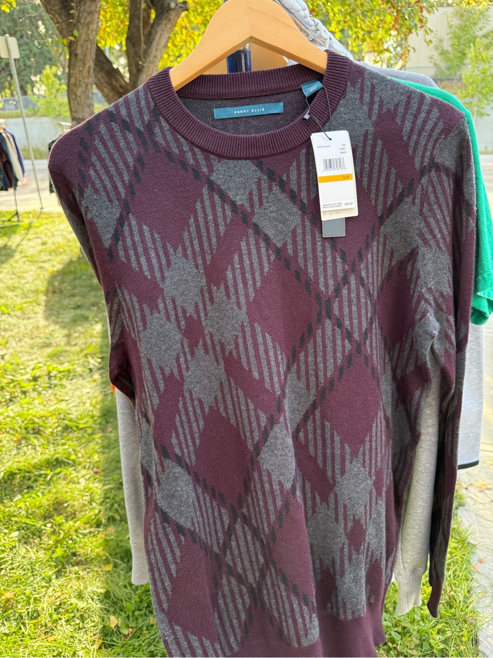 Perry Ellis Men's Wine and Gray Argyle Crewneck Sweater